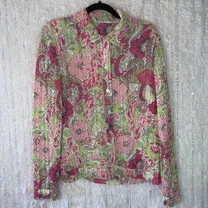Pucker Krinkle Button Up Blouse Womens XLARGE Semi Sheer Pink Floral Long Sleeve